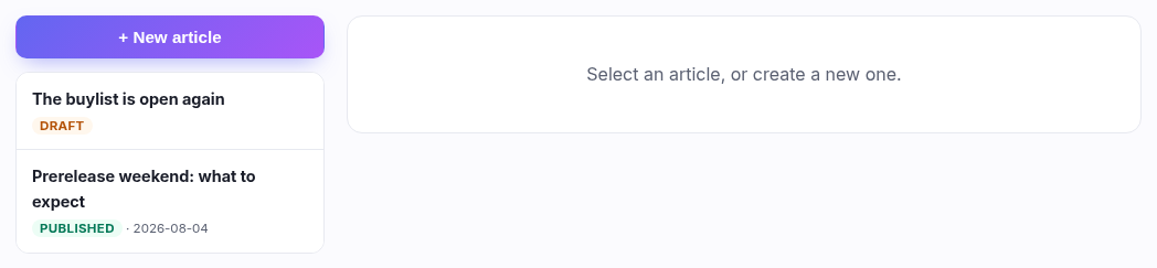 The blog editor listing articles with an edit pane