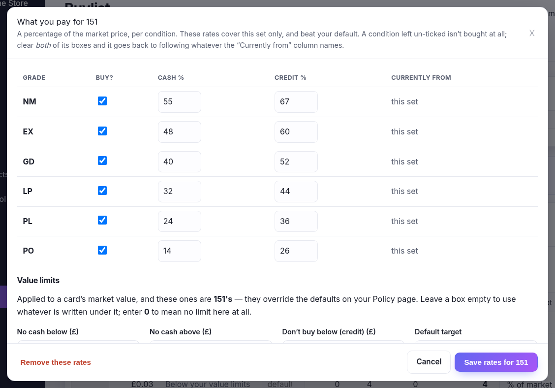 The rates panel: a grade ladder for the scope, a second ladder per language, and the value limits underneath