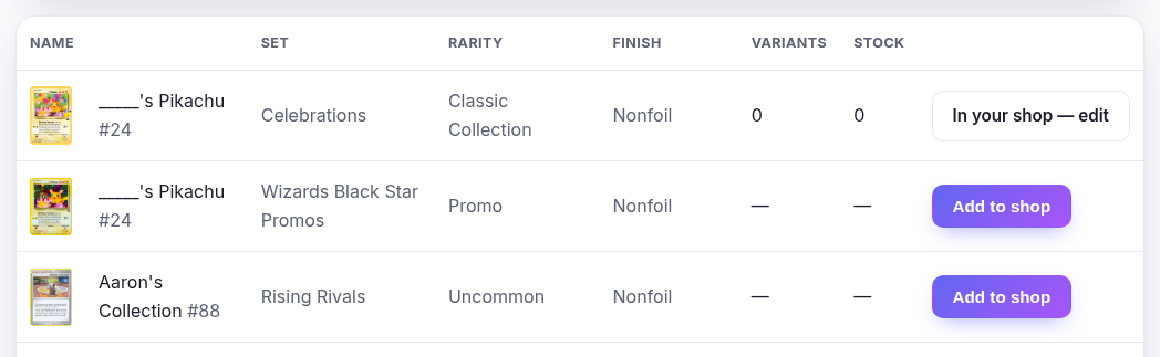 The catalogue filter bar: Game, Set, Search and Show