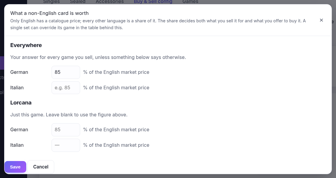 The language pricing panel: a percentage per language for the whole shop, and again for this game