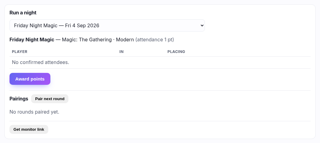 The run console with the occurrence picker and the roster of attendees
