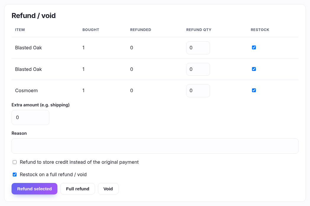 The Refund / void panel: a per-line table with refund quantities and restock boxes, an extra amount, a reason, and three buttons