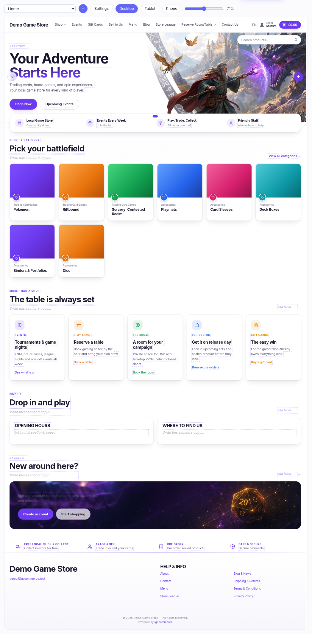 The page editor: a toolbar across the top and the live storefront preview beneath it