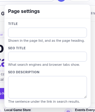The page settings popover: title, SEO title and SEO description