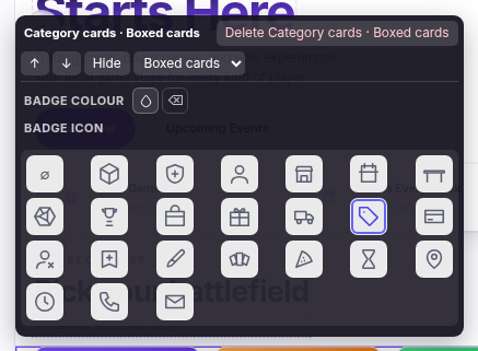 A block toolbar: breadcrumb, delete, move arrows, Hide, a variant dropdown, badge colour swatches and the icon grid