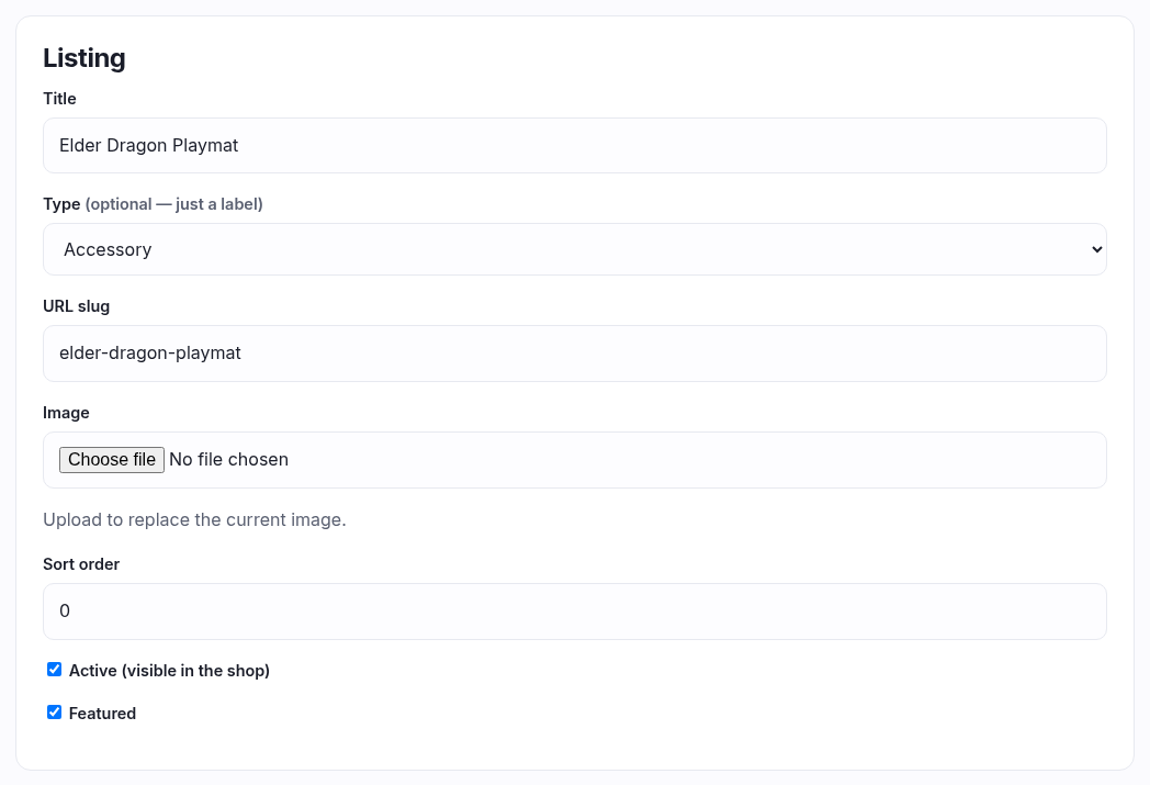 The Listing panel: title, type, URL slug, image, sort order, active and featured
