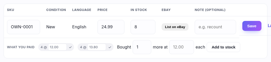 A variant row with SKU, condition, price, stock and note, and a What you paid row beneath it