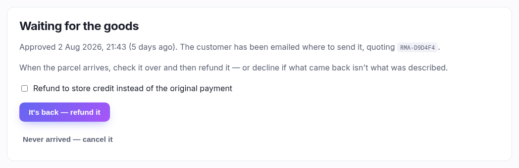 The waiting panel: when it was approved, with buttons to refund it or cancel it
