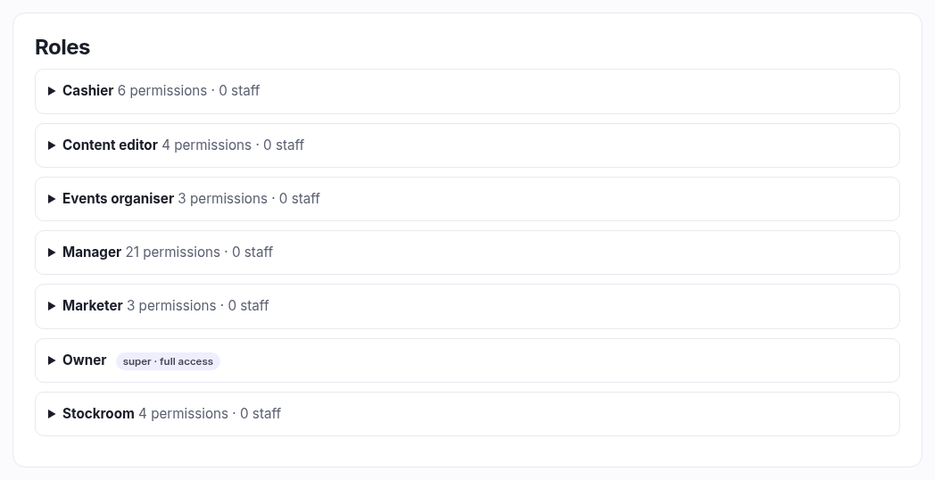 The roles list showing Cashier, Content editor, Events organiser, Manager, Marketer, Owner and Stockroom