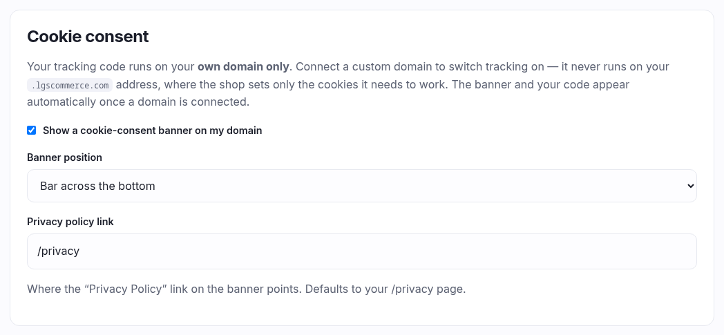 The cookie consent panel with the banner toggle, position and privacy policy link