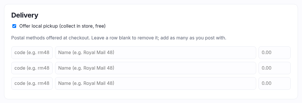 The Delivery panel with the local-pickup toggle and shipping method rows