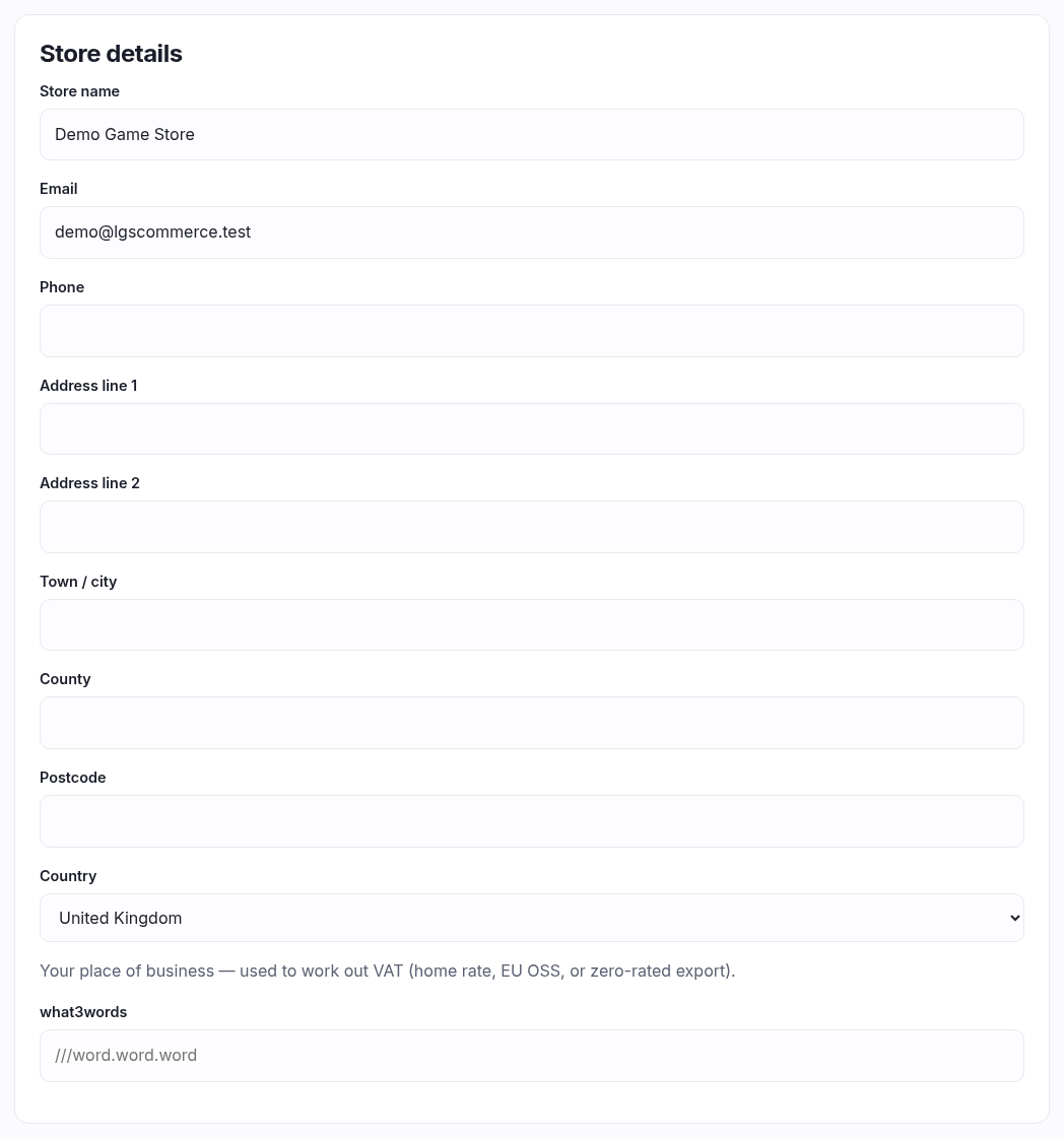 The Store details panel with name, contact details and full address