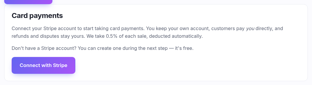 The Card payments panel with the Connect with Stripe button