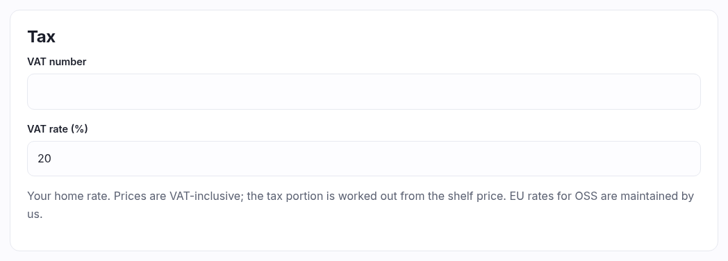 The Tax panel with a VAT number and a VAT rate