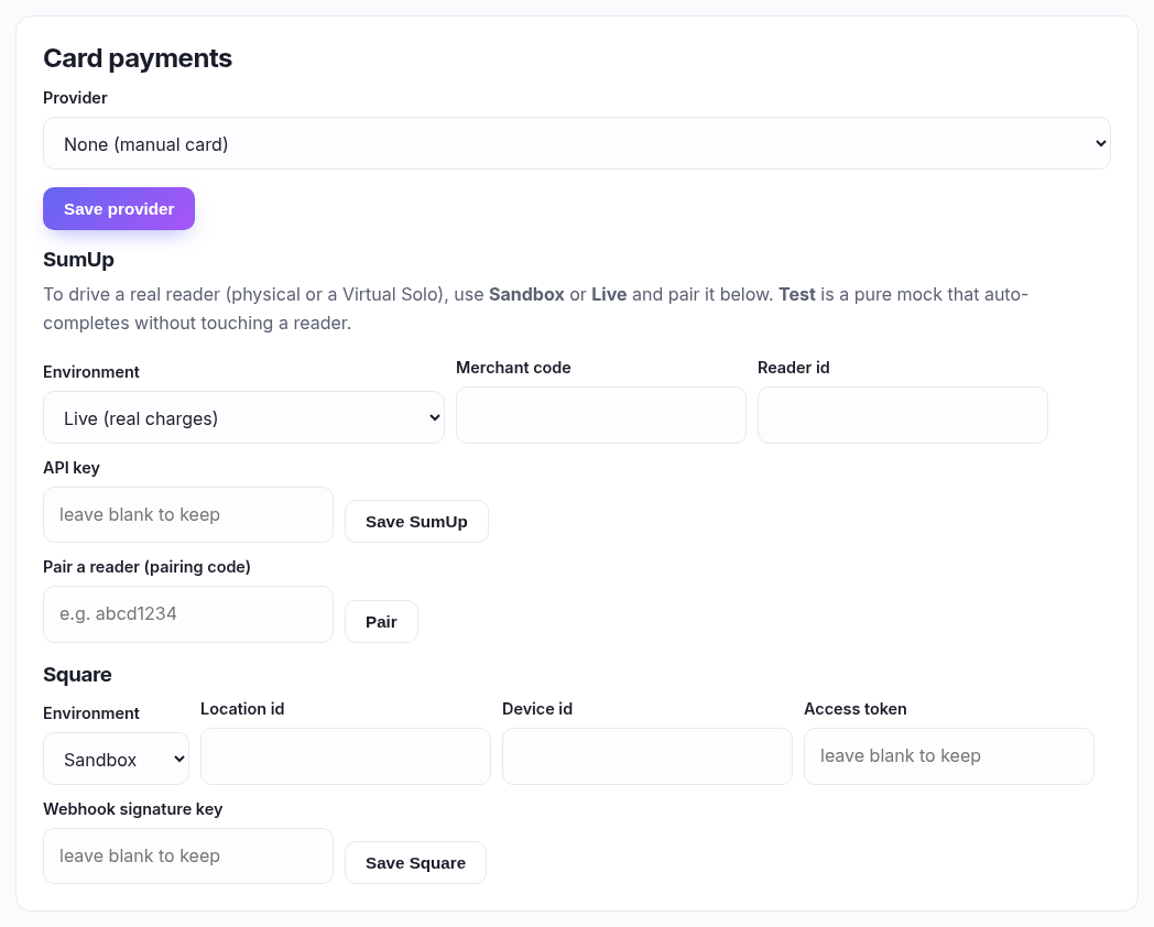 The Card payments panel with the provider picker and the SumUp and Square settings